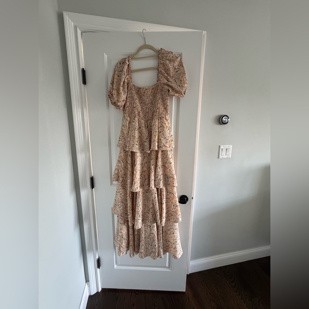 NWHT SOLD OUT PINKBLUSH Yellow Floral Square Neck Ruffle Layered Maternity Maxi - Picture 11 of 11